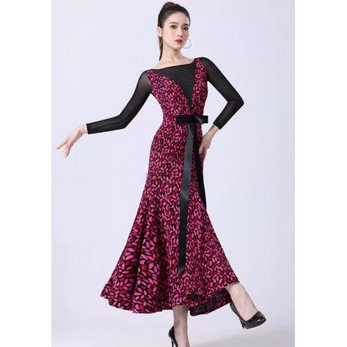 Black with red lips printed ballroom dance dresses for women girls smooth tango waltz rhythm dancing long gown for lady